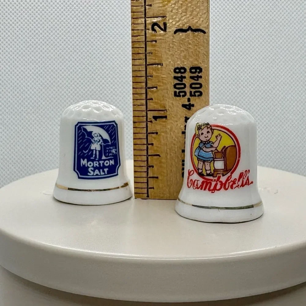 Vintage J.S. N.Y. Advertising Porcelain Thimbles Campbell’s & Morton Salt